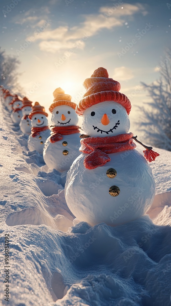 Obraz premium Happy snowman family with a bright blue winter sky
