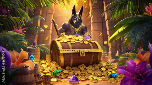 The Anubis wrath slot game character over the temple with gold coins, game background, Illustration photo