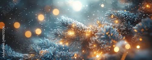 Wallpaper Mural Pine tree adorned with glittering lights and snowdusted branches, 3D illustration Torontodigital.ca