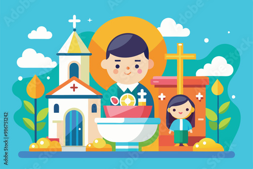 A cheerful baptism celebration is depicted with a priest, a child, and a church setting, surrounded by nature elements, Customizable flat illustration of a baptism