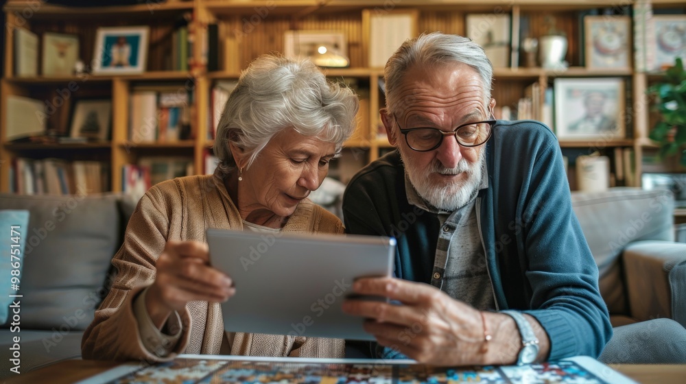 Senior couple solving puzzles together on a tablet in a cozy corner of their home Senior couple solving puzzles together on a tablet in a cozy corner of their home
