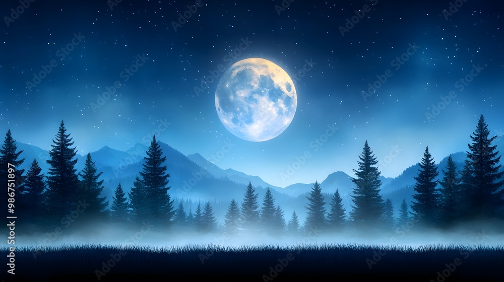 A serene night scene featuring a luminous moon over misty mountains and a forest, evoking tranquility and natural beauty. A serene night scene featuring a luminous moon over misty mountains and a forest, evoking tranquility and natural beauty.