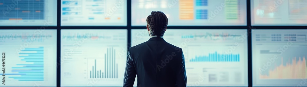 Businessman Analyzing Data on Multiple Screens Businessman Analyzing Data on Multiple Screens