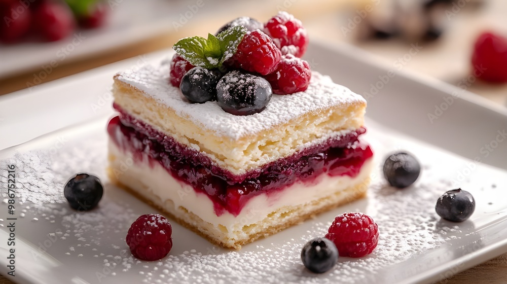 Piece of delicious cake with berries on plate, closeup view - Generated AI Piece of delicious cake with berries on plate, closeup view - Generated AI