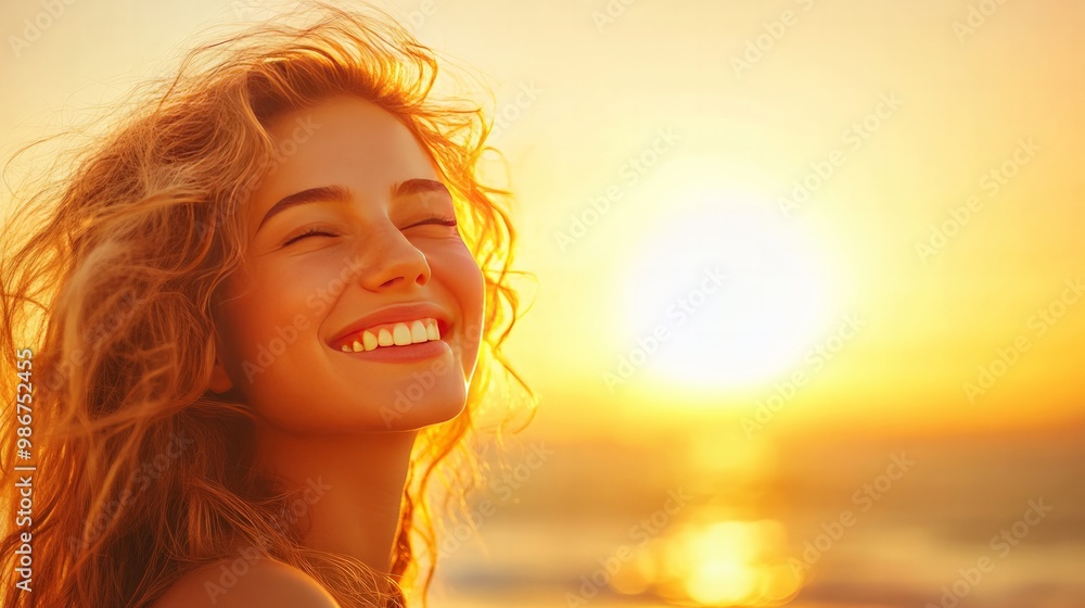 A young woman with a bright smile enjoying a moment of happiness as she watches the sunset on a beach. A young woman with a bright smile enjoying a moment of happiness as she watches the sunset on a beach.