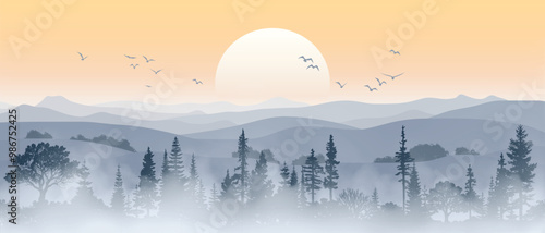 Mountain landscape, morning light and sun, vector illustration, panoramic view