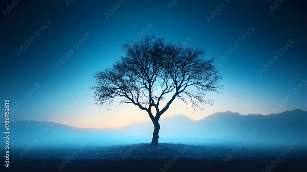 A solitary tree silhouetted against a tranquil blue horizon, creating a peaceful and serene landscape for reflection and solitude. A solitary tree silhouetted against a tranquil blue horizon, creating a peaceful and serene landscape for reflection and solitude.