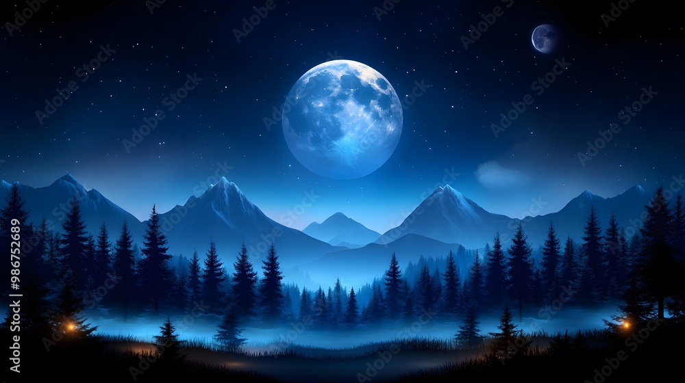 A serene night scene featuring a large moon illuminating a misty forest with majestic mountains in the background. A serene night scene featuring a large moon illuminating a misty forest with majestic mountains in the background.