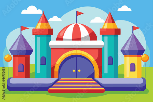 A colorful bouncy castle featuring towers and flags, set against a bright blue sky with fluffy clouds, Customizable flat illustration of a bouncy castle.