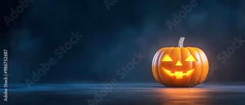 Glowing pumpkin with a spooky face on a dark background, perfect for Halloween-themed designs and decorations. photo