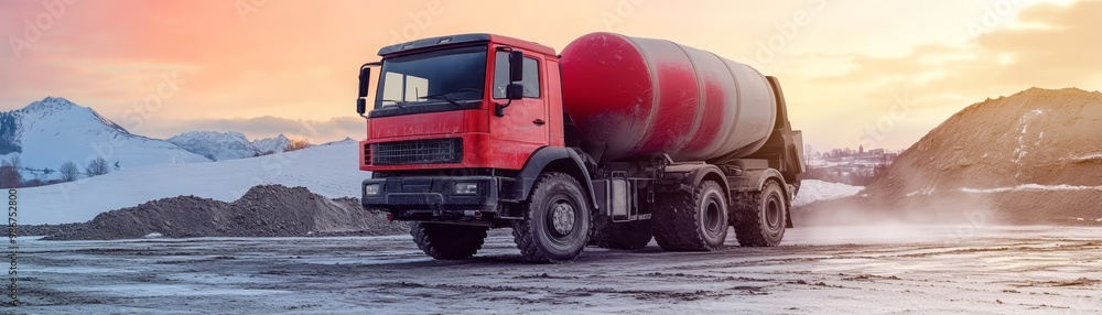 Obraz premium Red Concrete Mixer Truck In Snowy Quarry At Sunset