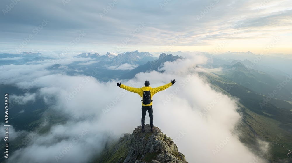 Obraz premium Adventurer on Mountain Peak Embracing Nature's Beauty