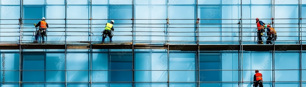 Construction Workers on Scaffolding Cleaning Glass Facade of Modern Building Construction Workers on Scaffolding Cleaning Glass Facade of Modern Building