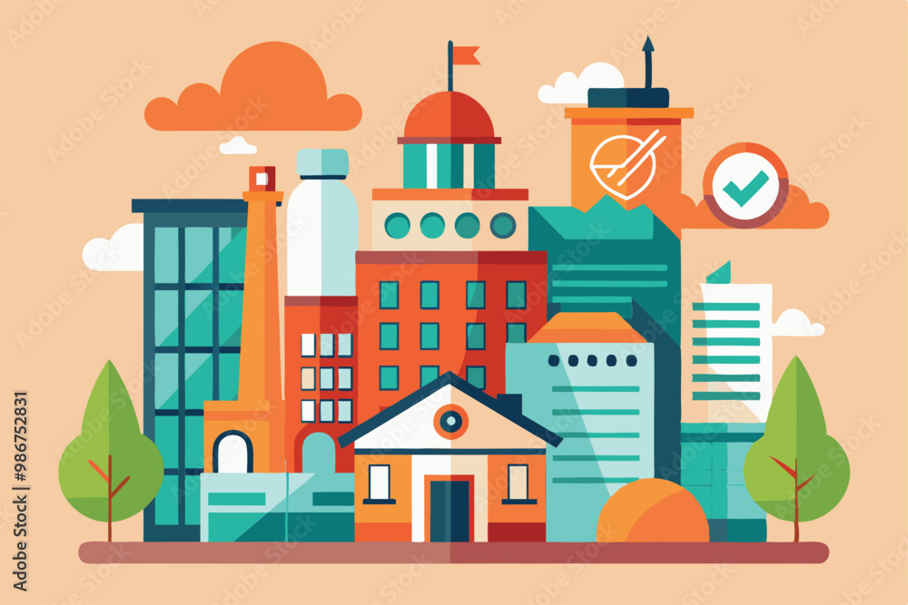 Fototapeta premium This illustration features a vibrant array of buildings showcasing diverse architectural styles in a city setting, Customizable flat illustration of a building permit.