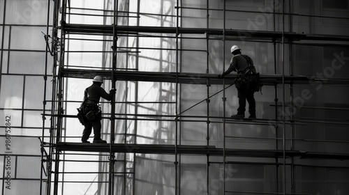 Construction Workers on Scaffolding Building Renovation Black and White Photo