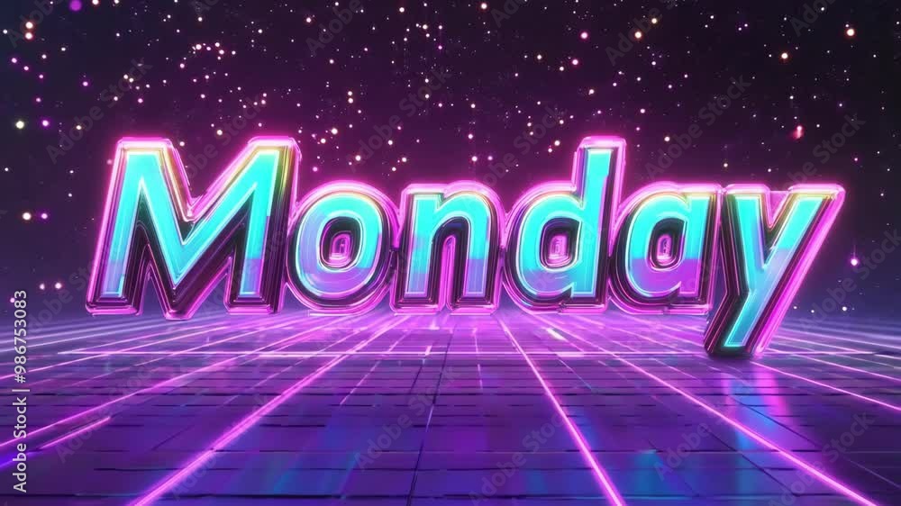 Futuristic Neon Grid Animation with Floating Monday Text and Starfield. Futuristic Neon Grid Animation with Floating Monday Text and Starfield.