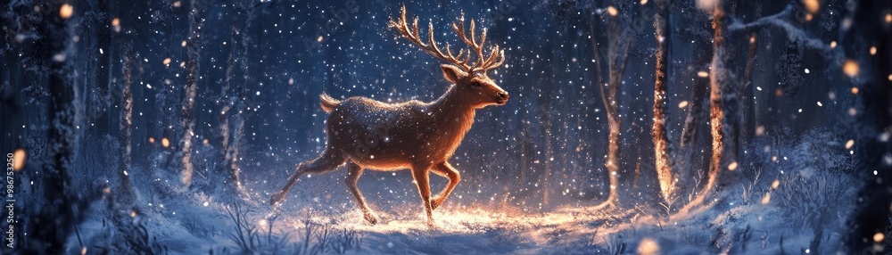 A majestic deer walking through a snowy forest, illuminated by soft light, creating a serene winter atmosphere. A majestic deer walking through a snowy forest, illuminated by soft light, creating a serene winter atmosphere.