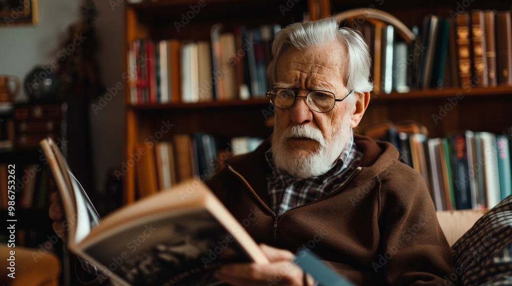 Senior man flipping through a history magazine in a cozy study room Senior man flipping through a history magazine in a cozy study room