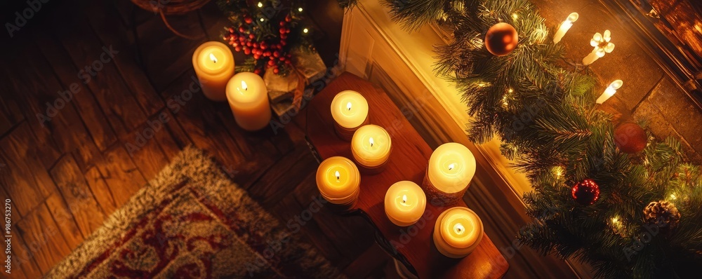 A warm, inviting scene featuring decorative candles and festive greenery, perfect for evoking cozy holiday vibes. A warm, inviting scene featuring decorative candles and festive greenery, perfect for evoking cozy holiday vibes.