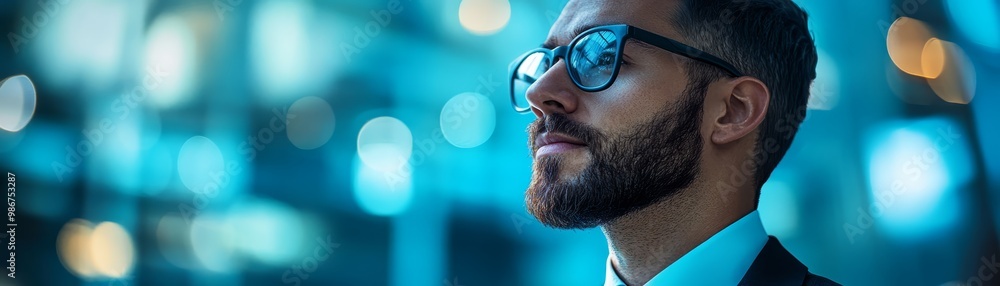 Businessman Looking Up with Bokeh Background Businessman Looking Up with Bokeh Background