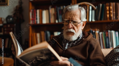 Senior man flipping through a history magazine in a cozy study room