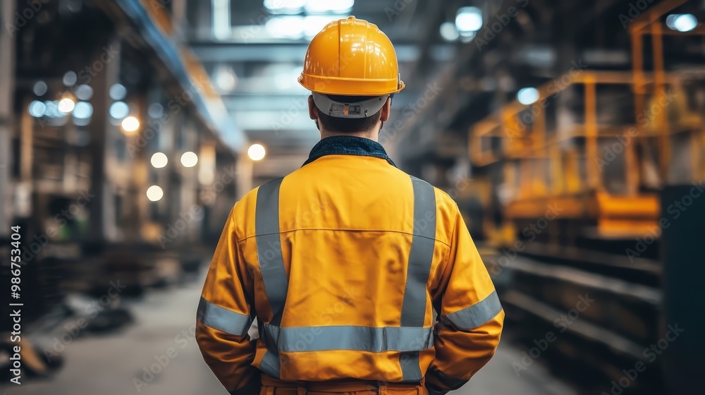 Construction Worker in Yellow Safety Gear in Industrial Factory Construction Worker in Yellow Safety Gear in Industrial Factory