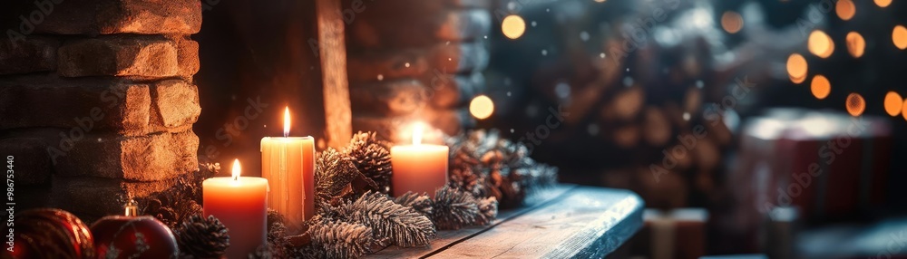 Cozy fireplace scene with candles and festive decorations, creating a warm, inviting atmosphere for holiday celebrations. Cozy fireplace scene with candles and festive decorations, creating a warm, inviting atmosphere for holiday celebrations.