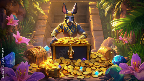 The Anubis wrath slot game character over the temple with gold coins, game background, Illustration photo