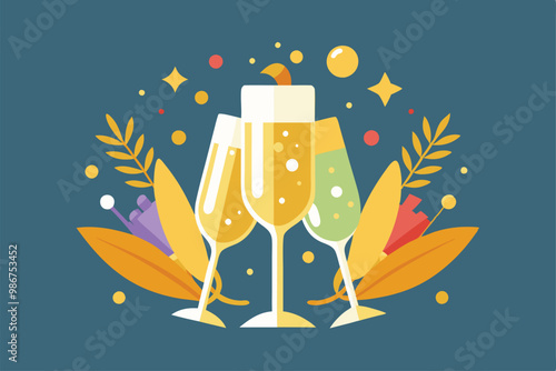 Three elegant champagne flutes are raised in a toast, surrounded by colorful confetti and festive elements, Customizable flat illustration of a champagne toast.