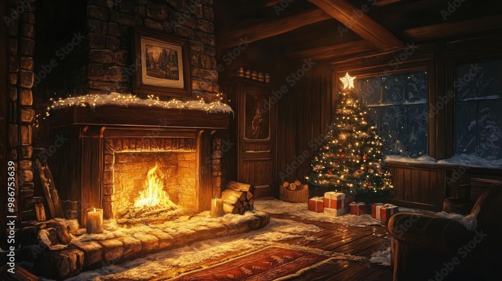 Cozy living room decorated for Christmas with a glowing fireplace, festive tree, and wrapped presents, evoking holiday warmth. Cozy living room decorated for Christmas with a glowing fireplace, festive tree, and wrapped presents, evoking holiday warmth.