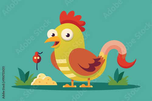 A vibrant chicken happily pecks at seeds while surrounded by green grass and colorful plants, Customizable flat illustration of a chicken eating a worm.