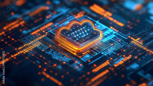 Digital Cloud Computing Network with Glowing Lights and Lines