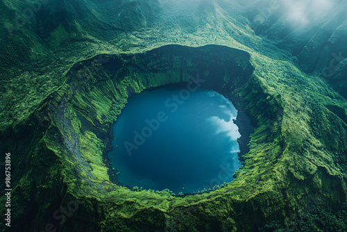 aerial view of a lush green crater lake in a tropical island paradise