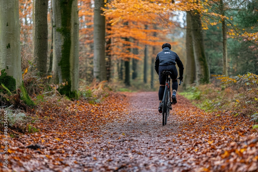 Cyclist on a Forest Path in Autumn Cyclist on a Forest Path in Autumn