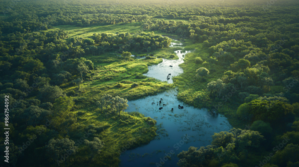 aerial view of lush green forest with winding river and animals aerial view of lush green forest with winding river and animals