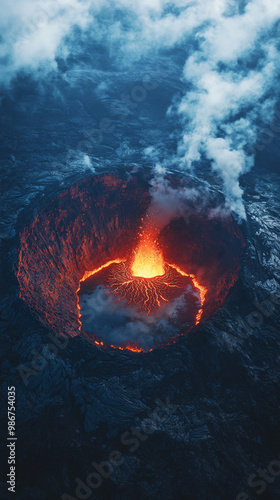 Wallpaper Mural volcanic eruption with smoke and lava flow - aerial view - dramatic landscape  - dark blue and red colors Torontodigital.ca