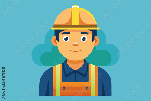 A construction worker smiles while wearing a hard hat and safety gear, ready for work at a construction site, Customizable flat illustration of a construction worker.