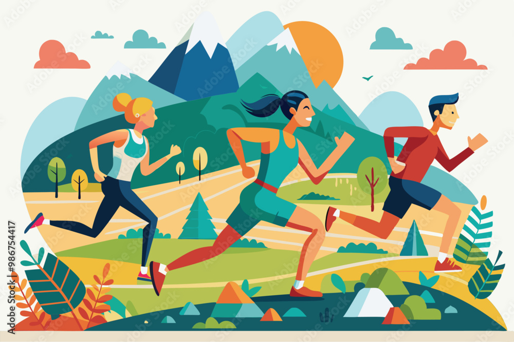 Fototapeta premium Three athletes run together through a vibrant landscape with mountains and trees under a sunny sky, Customizable flat illustration of a cross country race.