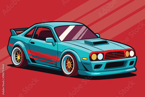 A bright blue custom sports car with sleek lines and striking details stands out against red, Customizable flat illustration of a custom car.