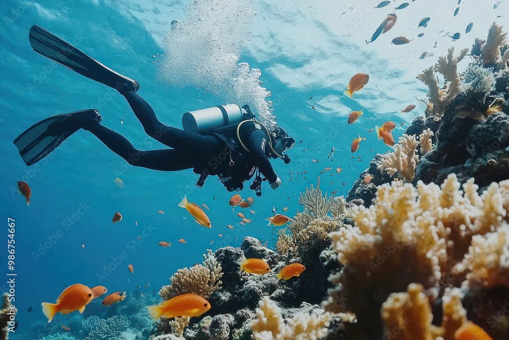 Fototapeta premium Scuba Diver Exploring Coral Reef