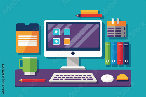 A colorful desktop setup features a computer, stationery, and office supplies ideal for workspace design, Customizable flat illustration of a desktop computer.
