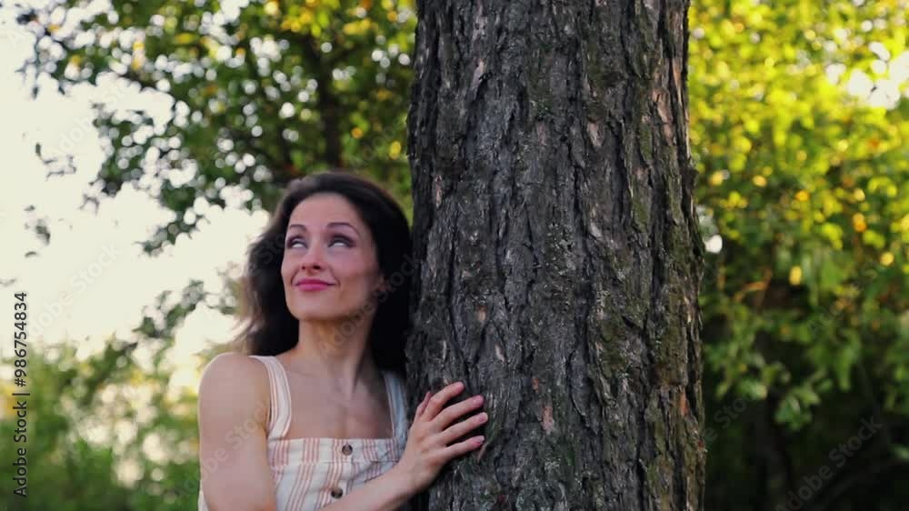 Beautiful long hair happy smiling woman enjoying the sunny summer day near the tree, carefree touching the big tree trunk the hands Beautiful long hair happy smiling woman enjoying the sunny summer day near the tree, carefree touching the big tree trunk the hands
