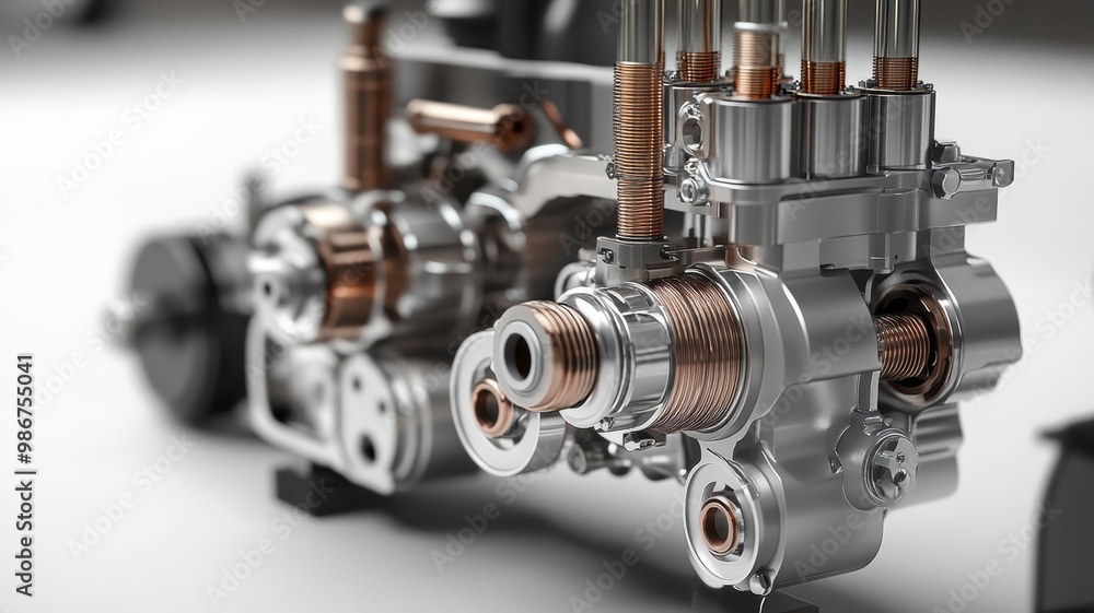 Close-up of a detailed engine part showcasing intricate metal components and precision engineering in a modern design. Close-up of a detailed engine part showcasing intricate metal components and precision engineering in a modern design.