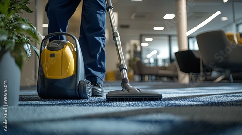 A yellow and black vacuum cleaner used to clean a blue carpet in an office building