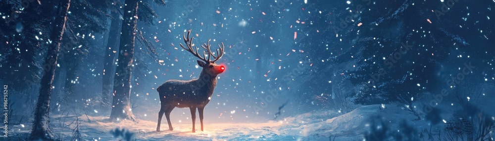 A majestic reindeer stands amid falling snow, surrounded by a serene winter forest, creating a magical holiday atmosphere. A majestic reindeer stands amid falling snow, surrounded by a serene winter forest, creating a magical holiday atmosphere.