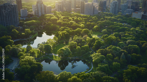 aerial view of city park with lush green trees and two lakes, urban landscape, sunlight, summer, nature, environment, canada, north america, high angle view, bird's eye view, downt photo