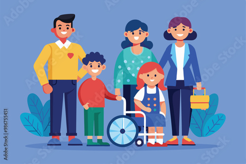 A cheerful family gathers outdoors, smiling and enjoying each other's company in bright colors, Customizable flat illustration of a family.