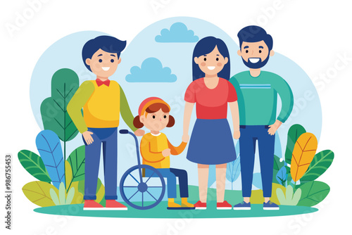 A diverse family stands together in a park, showcasing love and togetherness in a cheerful atmosphere, Customizable flat illustration of a family.