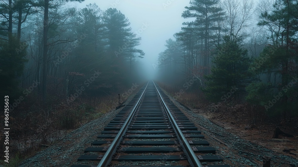 Fototapeta premium Railroad Tracks Disappearing into a Misty Forest