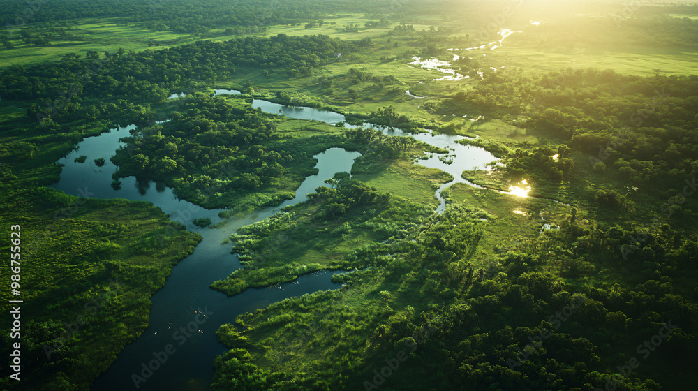 aerial view of lush green forest and winding river at sunset aerial view of lush green forest and winding river at sunset